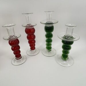 4 Vintage Murano Venetian Handblown Bubble Glass Candleholders Red Green